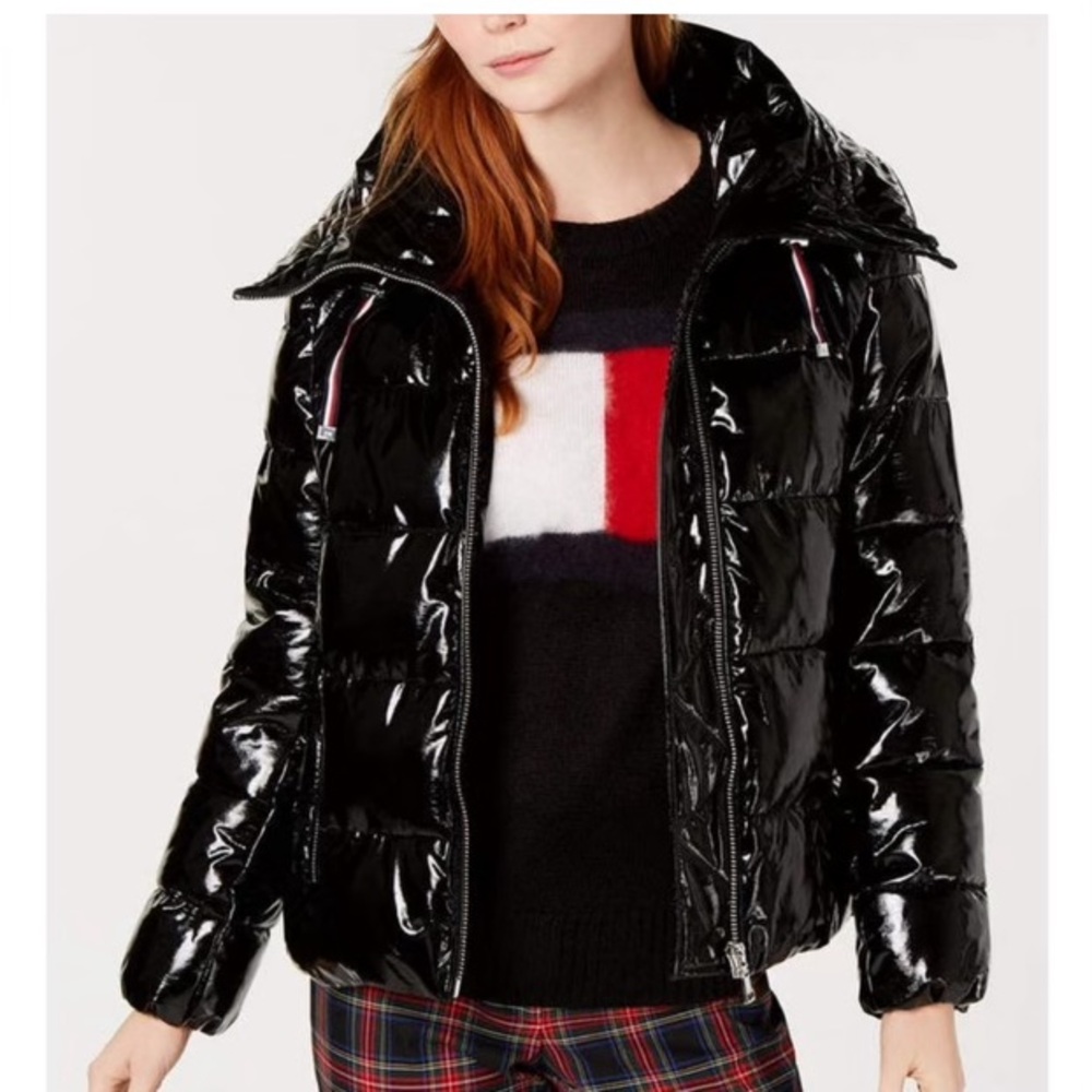 Tommy Hilfiger Quilted Water Resistant Hooded Shiny Black Puffer Jacket